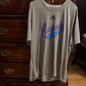 adidas Gray Short-Sleeve 'Cosmets' Graphic Tee with Blue and Red Logo